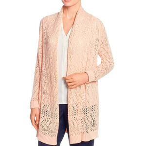 Tahari Long Cardigan SP Shimmer Blush Pink Open Crochet Knit Sweater Chic NWT